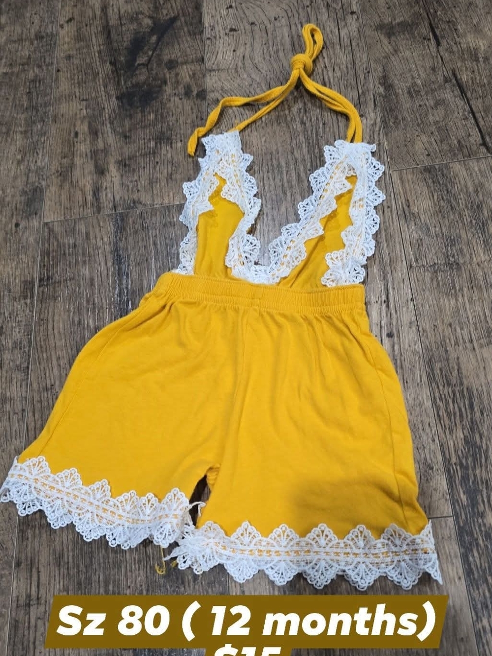 Source Unknown Yellow Romper with White Lace Trim - Kids Overalls